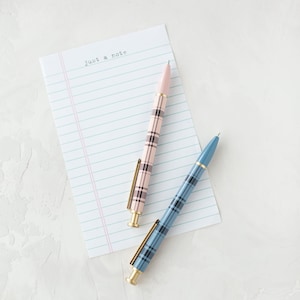 Pink + Blue Plaid Ballpoint Black Ink Pen Set w/ Gold Accents
