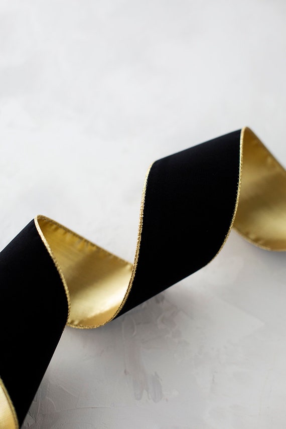 Wired Pearl Edge Velvet Ribbon - Black (Gold Pearls) - 10 yards - 1-1/2