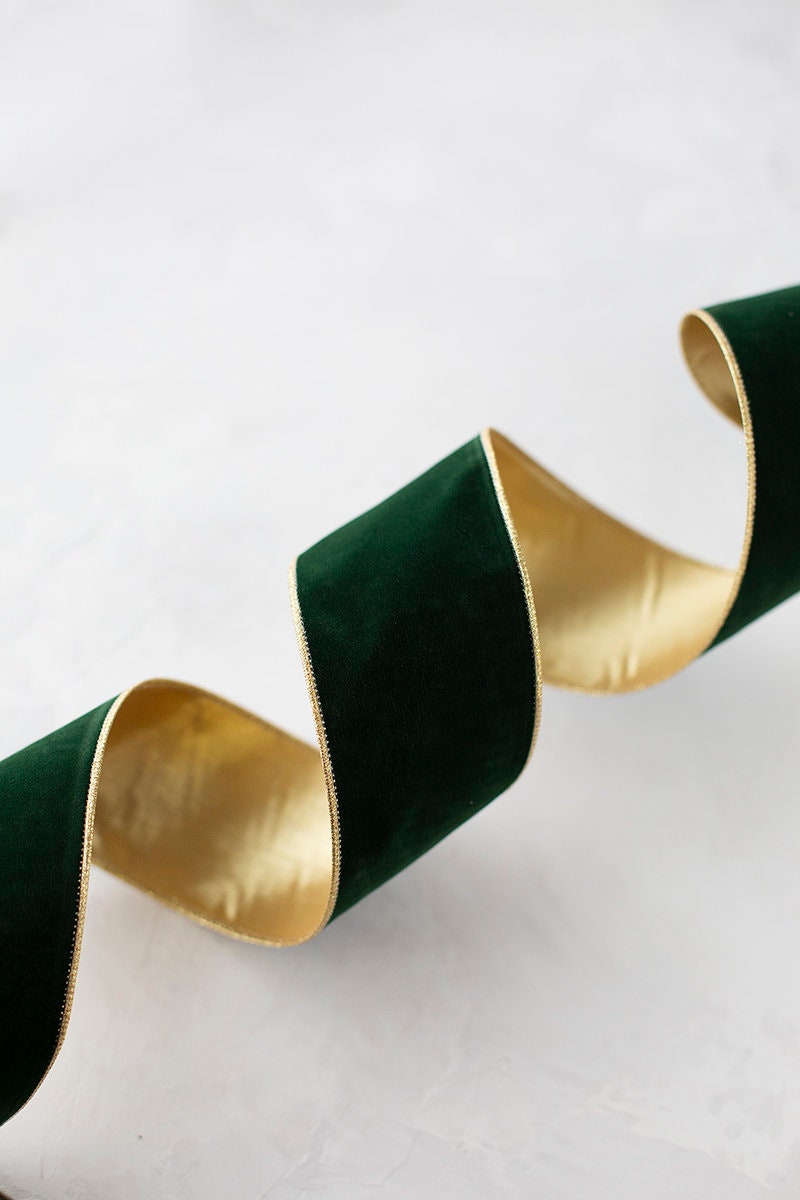 Dark Hunter Green Velvet Wired Ribbon W/ Gold Metallic Lamé - Etsy