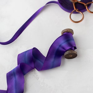 Blue Violet Variegated Bias-Cut Hand-Dyed Silk Charmeuse Ribbon • 1/2" • 5/8" • 1" •  1.5" • 2.5"
