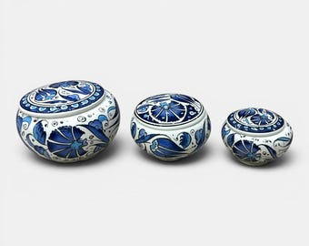Ręcznie robione ceramiczne pudełko na proszek i biżuterię, niebiesko-biała, dekoracyjna miseczka na drobiazgi z pokrywką