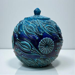 Handgemaakte turkooizen keramische pot, aardewerk met reliëf, decoratief deksel