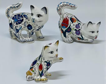 Handbemalte Keramik Katze Figurenset Buntes Blumendekor