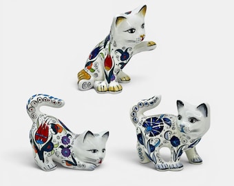Ensemble de figurines de chat en céramique peintes à la main, décoration florale colorée