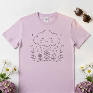 Comfort Colors® · 1717, Cute Cloud Tee, Kawaii Flower Rain Shirt, Minimalist Line Art Tshirt, Aesthetic Spring Outfit, Nature Lover Top