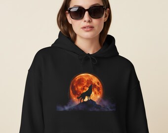 Wolf Hoodie, Blood Moon Sweatshirt, Howling Wolf Silhouette, Celestial Goblincore Clothing, Mystical Nature Lover Gift, Hiking Pullover