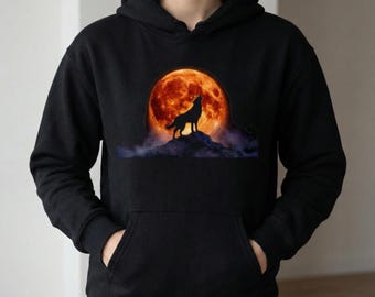 Wolf Hoodie, Blutmond Sweatshirt, heulender Wolf Silhouette, himmlische Goblinkern Kleidung, mystisches Geschenk für Naturliebhaber, Wanderpullover
