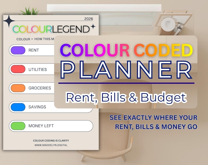Rent, Bills and Money Planner + Calendar | Undated basic budget tracker | Colour Code Therapy