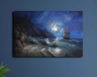Moonlit Sea Voyage | Midnight Ocean Waves | Sailing Ship Under the Full Moon | Nautical Night Seascape Art | Moonlit Sea