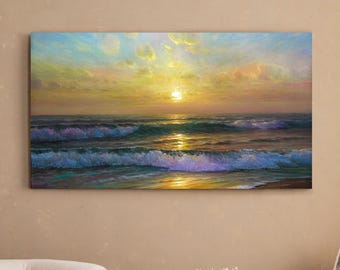 Golden Horizon Oil Painting | Handmade Sunset Seascape, Coastal Wall Art  | Sunset on the Waves