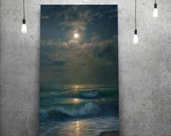 夜の海の油絵：アレクサンダー・シェンデロフによるキャンバスに描かれ