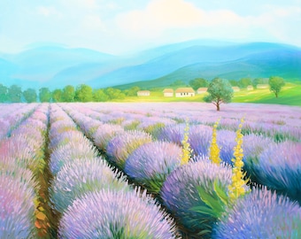 Lavender Field Oil Painting | Provence Landscape Art | Provence Lavender Painting | Lavender Horizon Wall Art | Blooming Lavender