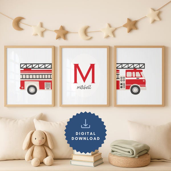 Firetruck Nursery Print, Custom Name, Set of 3 Prints (Digital Download)