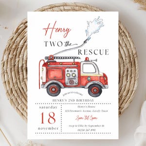 Two the Rescue 2nd Birthday Invitation: Firetruck Boy Firefighter Party Invite