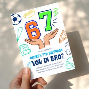 May include: A white birthday invitation with the text "Oliver's 7th Birthday". The number "67" is in the center, with a blue and orange "6" and a green "7". The invitation includes sports-themed doodles.