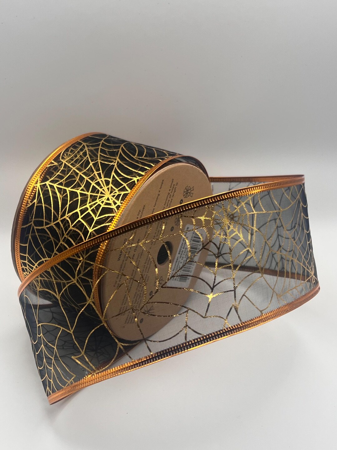 Spider Ribbon Black and Gold Spider Web Sheer Wired Ribbon 2.5” Halloween Ribbon ...