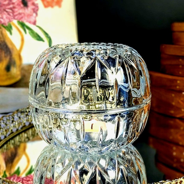 Homco Indiana Glass Fairy Lamp Vintage Hobstar Sunburst Pattern | Clear Cut Glass Candle Holder