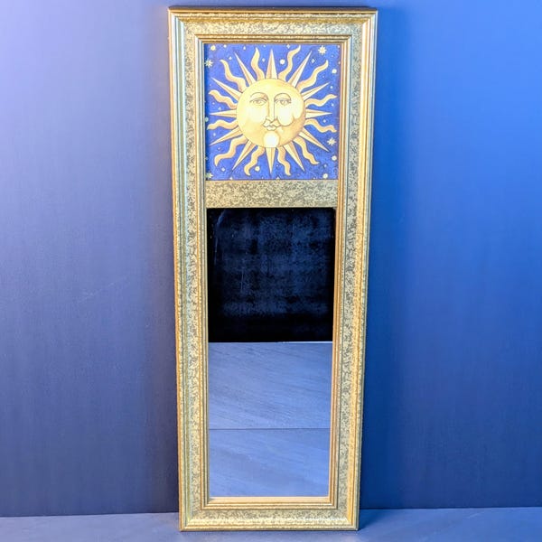 Vintage 1990s Mary Beth Zeitz Celestial Sun Mirror Gold Frame 19.5” Sun Face Wall Decor