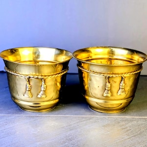 May include: Two polished brass planters with a smooth, reflective finish. Each vessel features a decorative rope-like band encircling the upper exterior, accented with two hanging tassel ornaments on the front side of the metal containers.