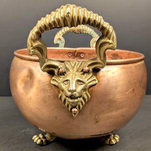 Copper Brass Cachepot, Lion Ram Handles, Paw Feet, Verdigris Patina Planter