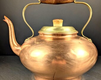 Vintage Copper Tea Kettle, Brass Accents, Wood Handle, Portugal Decor