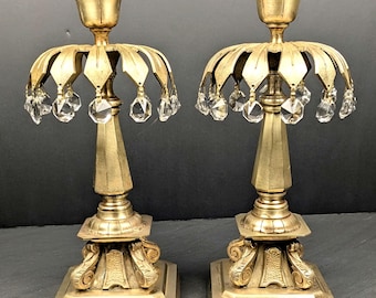 Brass Crystal Candlesticks Pair, Heavy Vintage Gold Candle Holders, Hollywood Regency Prism Candle Stands, Ornate Table Decor, Set of 2