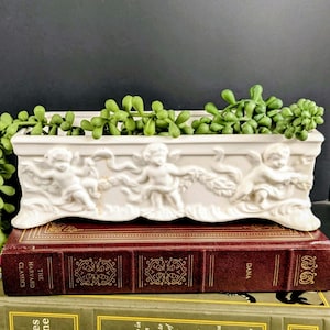 Enesco Cherub Planter, Vintage White Bisque Ceramic Angel Window Box – Cottage Garden Decor