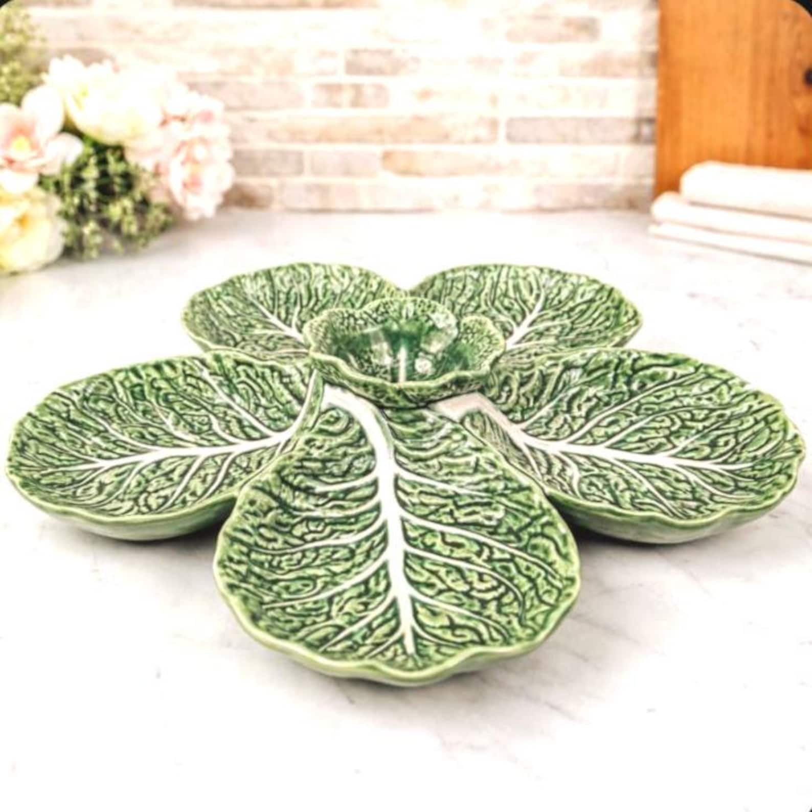 Vintage Bordallo Pinheiro Cabbage Majolica Divided Serving Dish, Portugal Leaf Relish Tray