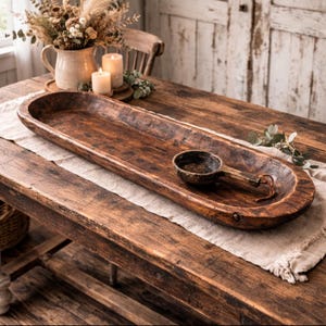 19th Century Hand Hewn Wooden Dough Bowl Trencher with Antique Ladle – Farmhouse Decor