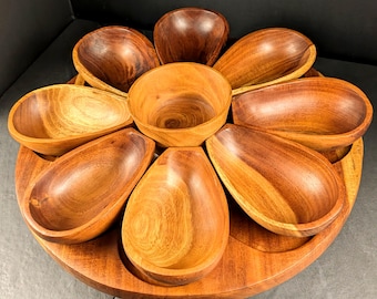 Vintage Acacia Wood Lotus Lazy Susan Server, MCM Tiki Party Tray