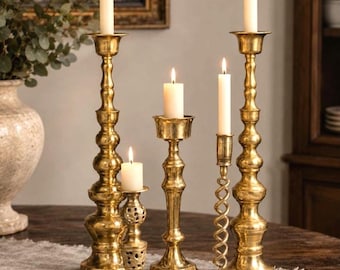 Vintage Brass Candlestick Lot, 5 Mixed Taper Holders, Homco, Lord and Taylor Tall Mantel Decor