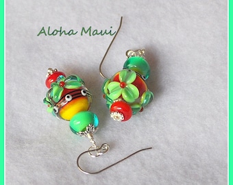 Lampwork Earrings,Floral Earrings,Short Dangle Earrings,Red Yellow and Green Earrings,Tropical Earrings - ALOHA MAUI