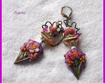 Floral Drop Earrings,Flower Dangle Earrings,Lampwork Earrings,Funky Earrings - CHELCEE