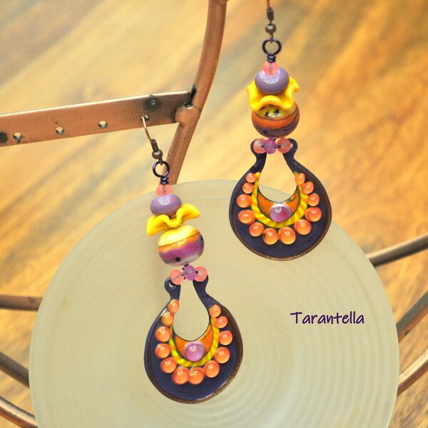Purple with Orange Long Boho Dangle Earrings,Lamp work and Enamel,Funky Earrings - TARANTELLA