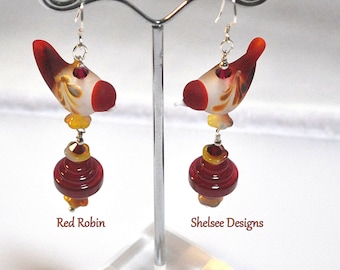 Red and Ivory Lampwork Bird Dangle Earrings, Unique Earrings, OOAK Earrings - RED ROBIN