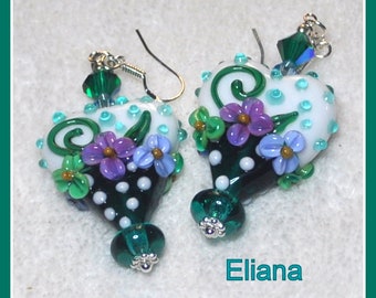 Valentine Earrings, Heart Earrings, Green and White Floral Heart Earrings, Lampwork glass with Swarovski crystals, Gift earrings - ELIANA