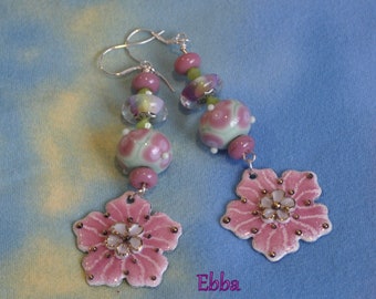 Pink White with Green Floral Lampwork and Enamel Dangle Earrings - EBBA