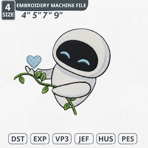 May include: An embroidery machine file featuring a white robot holding a blue heart and a green vine. The robot has a black face with blue accents. The file sizes are 4", 5", 7", and 9".