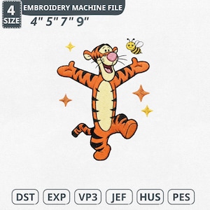 May include: An orange and black embroidered image of Tigger from Winnie the Pooh, with a yellow bee and star accents. The image is labeled as an embroidery machine file, with size options of 4", 5", 7", and 9".