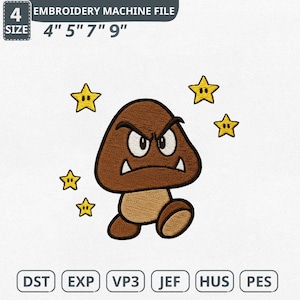 Puede incluir: Un archivo de máquina de bordar con un personaje de dibujos animados Goomba con una expresión de enfado, rodeado de estrellas amarillas. El diseño está disponible en 4 tamaños: 10 cm, 13 cm, 18 cm y 23 cm. Los formatos de archivo incluyen DST, EXP, VP3, JEF, HUS y PES.