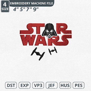 Puede incluir: Un archivo de máquina de bordar con el logotipo de "Star Wars" en rojo y el casco de Darth Vader en negro. Los tamaños de archivo son 10 cm, 13 cm, 18 cm y 23 cm. Incluye los tipos de archivo DST, EXP, VP3, JEF, HUS y PES.