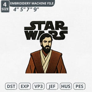 May include: An embroidery machine file featuring the Star Wars logo and a character illustration. The design includes the text "STAR WARS" in black, with a brown and beige character illustration below. Available sizes are 4", 5", 7", and 9".