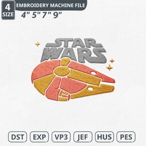 Könnte beinhalten: Eine Stickmaschinen-Datei mit dem Star Wars-Logo und dem Millennium Falken in Grau-, Orange- und Gelbtönen. Die Dateigrößen sind 10 cm, 13 cm, 18 cm und 23 cm. Das Bild enthält auch Dateityp-Abkürzungen: DST, EXP, VP3, JEF, HUS und PES.