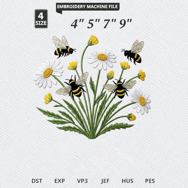 Daisy Bumblebee Machine Embroidery Design, Flower Embroidery File Download, Summer Bees Digital Pattern