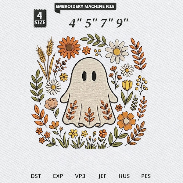 Ghost Embroidery Design, Fall Floral Wreath Machine Embroidery File, Autumn Leaves Halloween Digital Download, Cute Spooky Season Hoop Art