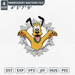 以下が含まれることがあります： 破れた紙の効果を突き破る漫画の犬が特徴の刺繍ミシンファイル。犬は黄色で、黒い耳と緑の襟が付いています。サイズは10.16cm、12.7cm、17.78cm、22.86cmです。