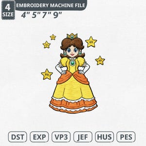 Peut inclure: Un fichier de broderie machine représentant une princesse de dessin animé en robe jaune avec des accents orange, une couronne et des étoiles. Le fichier est disponible en tailles 10 cm, 13 cm, 18 cm et 23 cm. Formats : DST, EXP, VP3, JEF, HUS, PES.