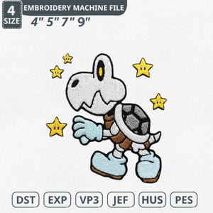 Puede incluir: Un archivo de máquina de bordar con un personaje de dibujos animados Dry Bones con estrellas amarillas. El diseño incluye el texto "EMBROIDERY MACHINE FILE" y opciones de tamaño de 10 cm, 13 cm, 18 cm y 23 cm. Los formatos de archivo incluyen DST, EXP, VP3, JEF, HUS y PES.