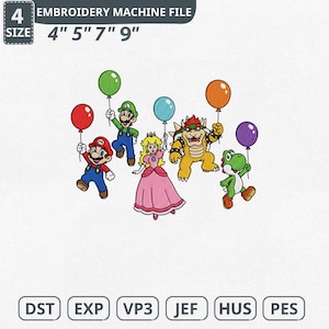 Puede incluir: Un archivo de máquina de bordar con los personajes de dibujos animados Mario, Luigi, la Princesa Peach, Bowser y Yoshi, cada uno sosteniendo un globo. Los tamaños de archivo son 10,16 cm, 12,7 cm, 17,78 cm y 22,86 cm. La imagen incluye abreviaturas de tipo de archivo: DST, EXP, VP3, JEF, HUS y PES.