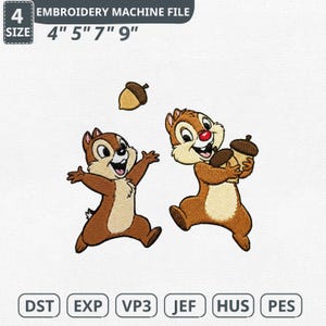 May include: An embroidery machine file showing two cartoon chipmunks, one with arms outstretched and the other holding an acorn. The file includes size options of 10 cm, 13 cm, 18 cm, and 23 cm, plus file formats: DST, EXP, VP3, JEF, HUS, and PES.